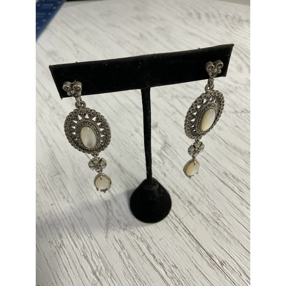 Silver Ornate Oval & Dangle Earrings White Stone RecycledFashionShop